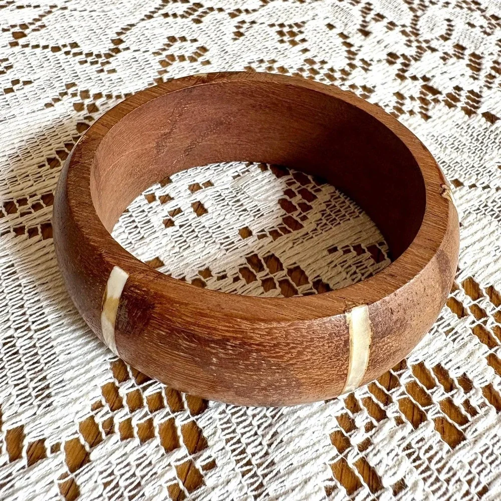 Vintage Wood Bangle Bracelet Cream Inlay Stripes Statement Bohemian Chunky Retro